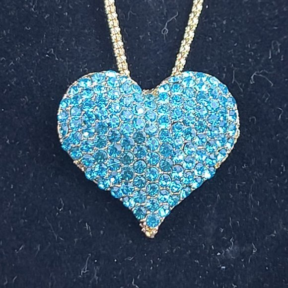BJ Jewelry Blue Rhinestone Gold Tone Heart Shape Pendant 26
